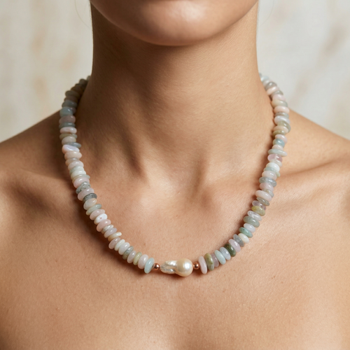 İnci & Pembe Kuvars Doğaltaş Kolye