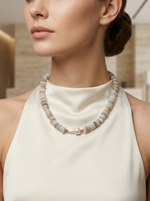 İnci & Pembe Kuvars Doğaltaş Kolye