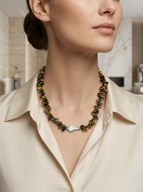 İnci & Kaplan Gözü Doğaltaş Kolye