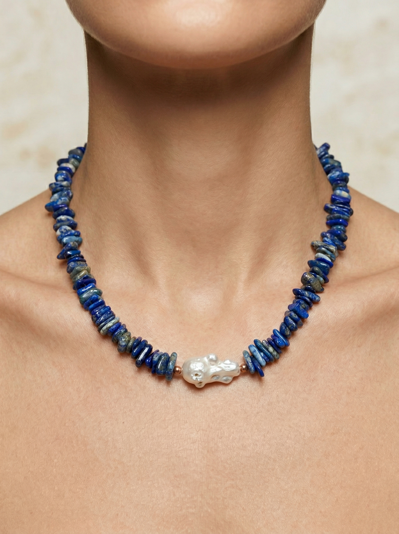 Lapis Lazuli & İnci Doğaltaş Kolye - Safnaturel