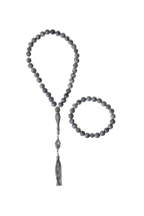 Sertifikalı Jasper Doğaltaş 925 Ayar Gümüş 8 mm İmameli Tesbih & Bileklik Seti