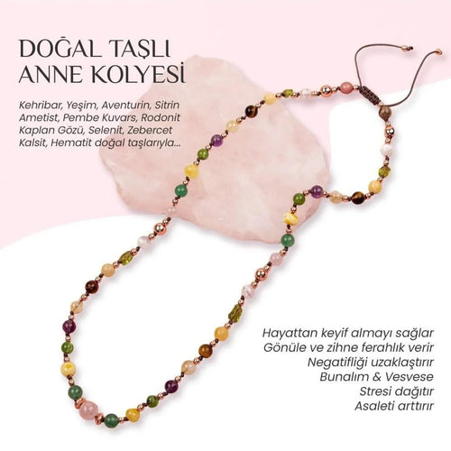 Anne Kolye Doğal Taş Selenit-Hematit-Kalsit-Kaplan Gözü-Sitrin-Ametist-Yeşim-Kehribar-Aventurin-Pembe Kuvars-Zebercet-Pembe Kuvars