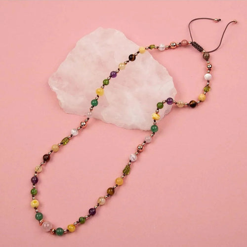 Anne Kolye Doğal Taş Selenit-Hematit-Kalsit-Kaplan Gözü-Sitrin-Ametist-Yeşim-Kehribar-Aventurin-Pembe Kuvars-Zebercet-Pembe Kuvars