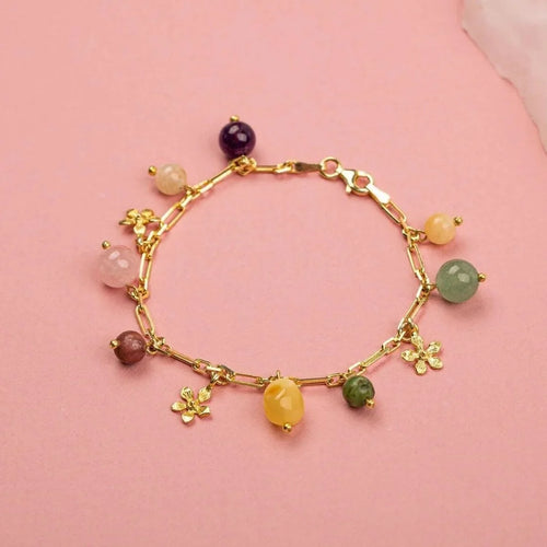 Ametist – Sitrin – Pembe Kuvars – Aventurin – Kalsit – Yeşim – Kehribar Doğaltaş Sarı Gümüş Bileklik