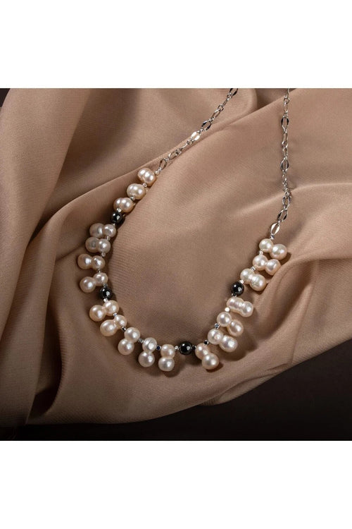 İkili Taş İnci-Hematit Doğal Taş Zincir Gümüş Kapama Kolye