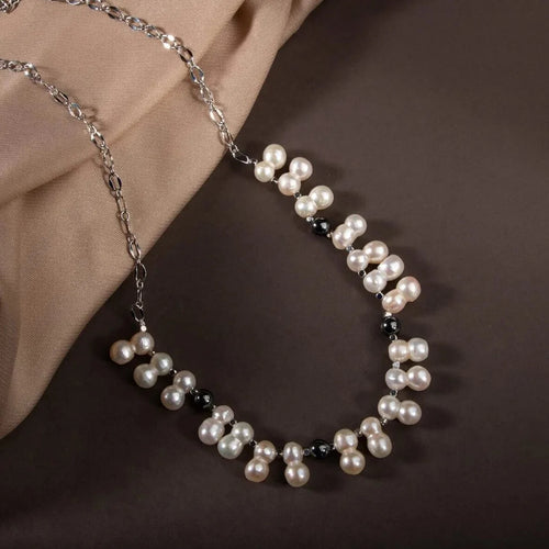 İkili Taş İnci-Hematit Doğal Taş Zincir Gümüş Kapama Kolye