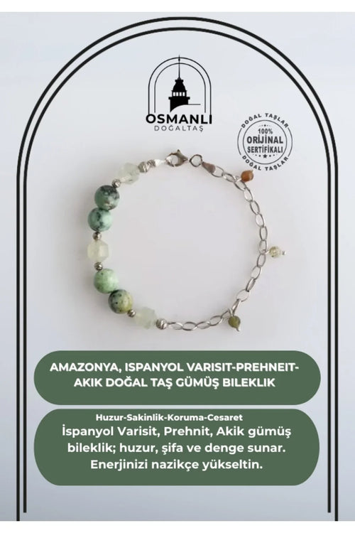 Amazonya, İspanyol Varisit-Prehneit-Akik Doğal Taş Gümüş Bileklik