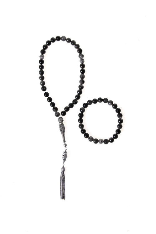 Sertifikalı Obsidyen Doğaltaş 925 Ayar Gümüş 8 mm İmameli Tesbih & Bileklik Seti
