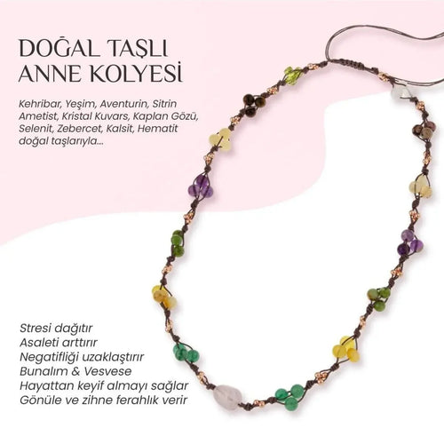 Anne Kolye Doğal Taş Rodonit-Selenit-Hematit-Kalsit-Kaplan Gözü-Sitrin-Ametist-Yeşim-Kehribar-Aventurin-Kristal Kuvars-Zebercet-Pembe Kuvars