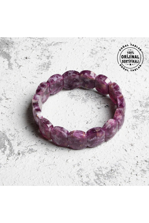 Sertifikalı Orijinal Lepidolit Doğal Taş Bileklik Geniş Kesim