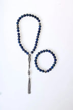 Sertifikalı Lapis Lazuli Doğaltaş 925 Ayar Gümüş 8 mm İmameli Tesbih & Bileklik Seti