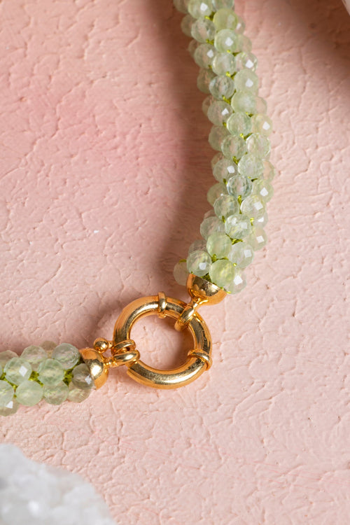 Sertifikalı El İşçiliği Örme Prehnit Gümüş Kapama Doğaltaş Kolye