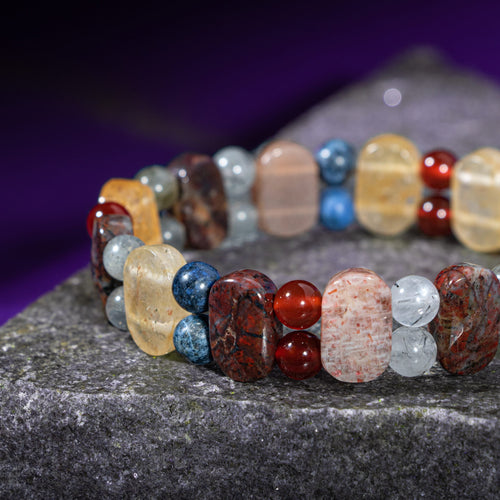 Aslan Burcu Bileklik Bronzit, Dumortierit, Güneş Taşı, Jasper, Kırmızı Akik, Labradorit, Rutilli Kuvars, Sitrin