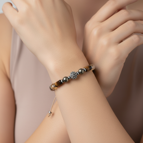 Kaplan Gözü, Pirit, Sitrin, Hematit Zirkon Aparat Doğal Taş Makrome Bileklik