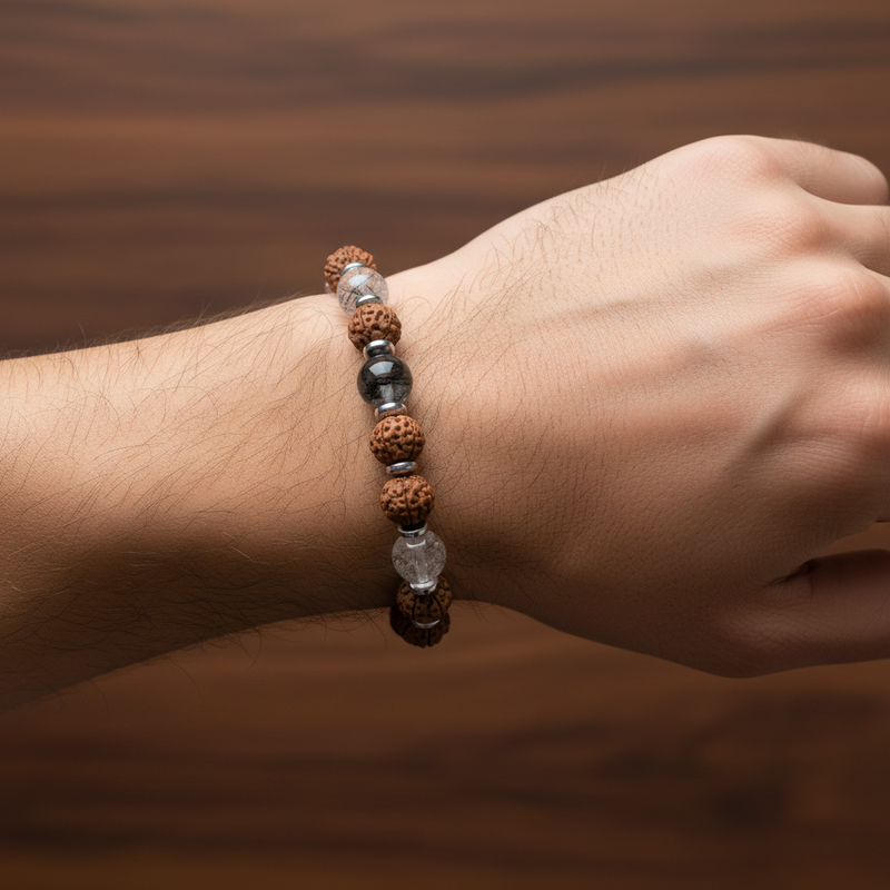 Rutilli Kuvars, Rudraksha ve Hematit Doğal Taş Bileklik – Unisex Şık Tasarım - Görsel 1 - Safnaturel