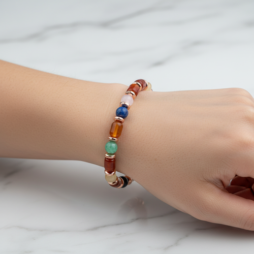 Kız Öğrenci Doğal Taş Bileklik – Kırmızı Akik, Yeşil Aventurin, Lapis Lazuli, Ay Taşı, Kalsit, Sodalit, Pembe Kuvars & Hematit – Özel Tasarım