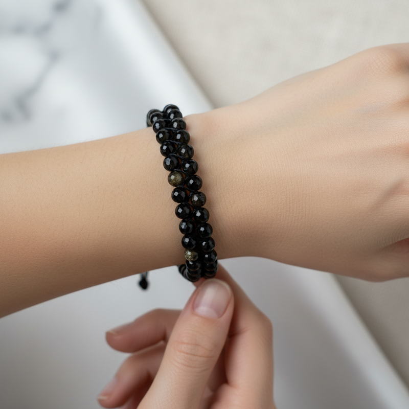 Obsidyen 3-4mm Çift Sıra Doğal Taş Makrome Bileklik – El İşçiliği - Görsel 1 - Safnaturel