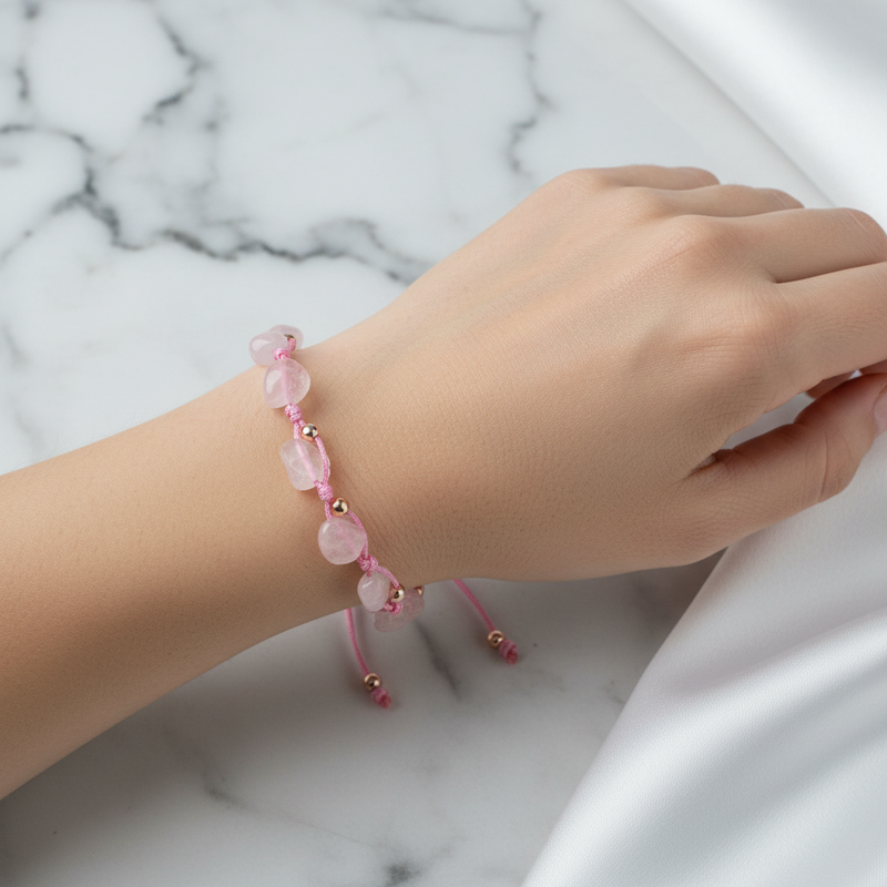 Pembe Kuvars (Gül Kuvars) Natürel Kesim Doğal Taş Makrome Bileklik – Unisex El İşçiliği - Görsel 1 - Safnaturel
