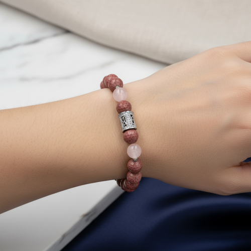 Rodonit & Pembe Kuvars Zirkon Aparatlı 925 Ayar Gümüş Bileklik – Özel Tasarım