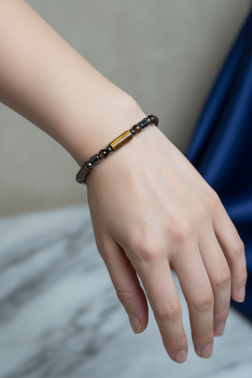 Kaplan Gözü, Dumanlı Kuvars ve Hematit Doğal Taş Bileklik – Unisex Şık Tasarım