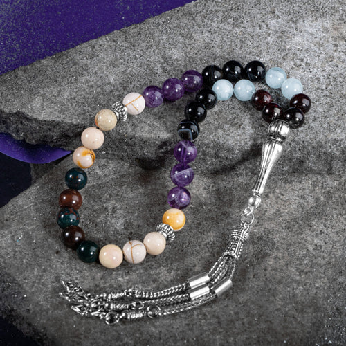Koç Burcu Tesbih Akuamarin, Ametist, Bordo Granat Lal, Kan Taşı, Sarı Jasper, Siyah Göz Akik
