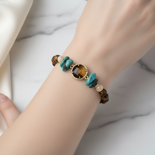 Kaplan Gözü – Sedef – Turkuaz Doğal Taş Bileklik – El İşçiliği