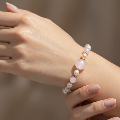 Pembe Kuvars, İnci, Hematit Doğal Taş Bileklik