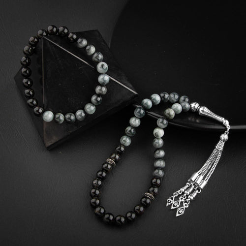 Kedi Gözü-Siyah Turmalin Doğal Taş Tesbih Bileklik Seti