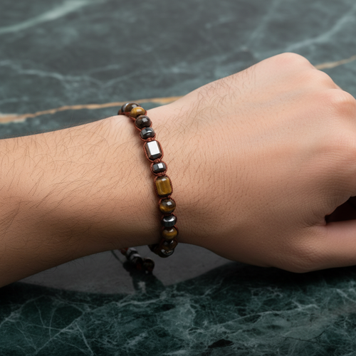 Kaplan Gözü, Hematit ve Azurit Doğal Taş Erkek Bileklik – Şık ve Modern Tasarım