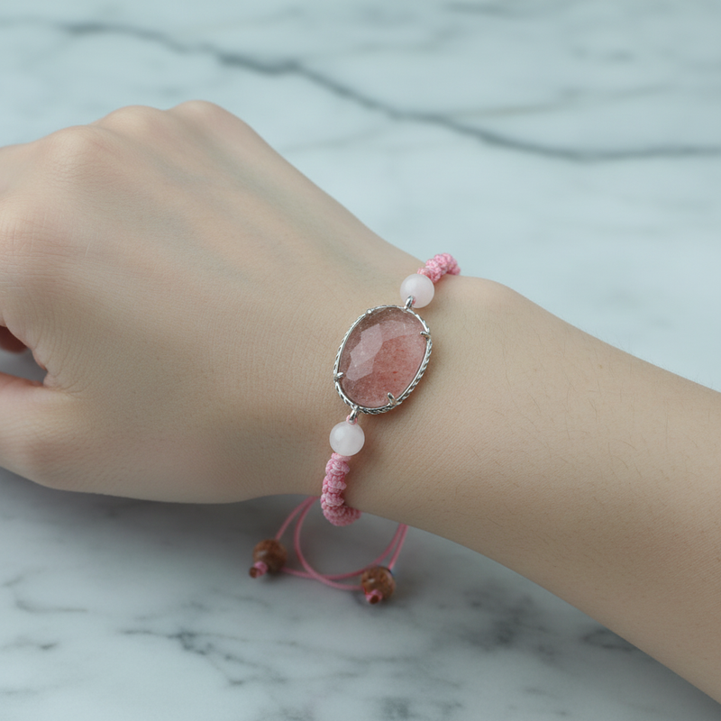 Çilek Kuvars – Pembe Kuvars Doğal Taş Makrome Bileklik – Özel Tasarım - Görsel 2 - Safnaturel