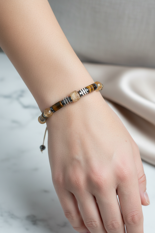 Kaplan Gözü, Sitrin ve Hematit Doğal Taş Bileklik – 8 mm İpli Ayarlanabilir, Unisex Tasarım