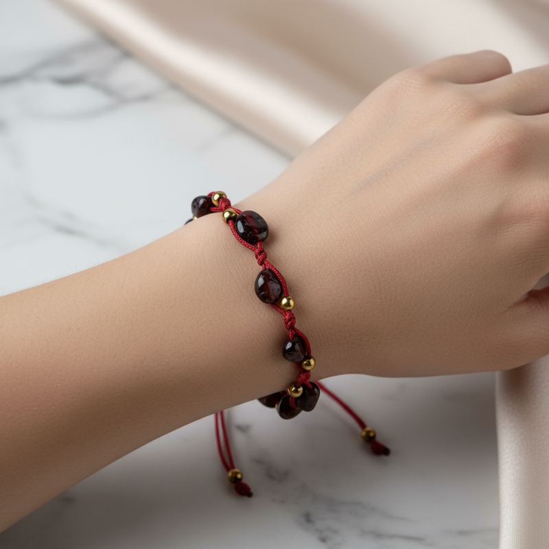 Bordo Granat Lal Natürel Kesim Doğal Taş Makrome Bileklik – Unisex El İşçiliği - Görsel 2 - Safnaturel