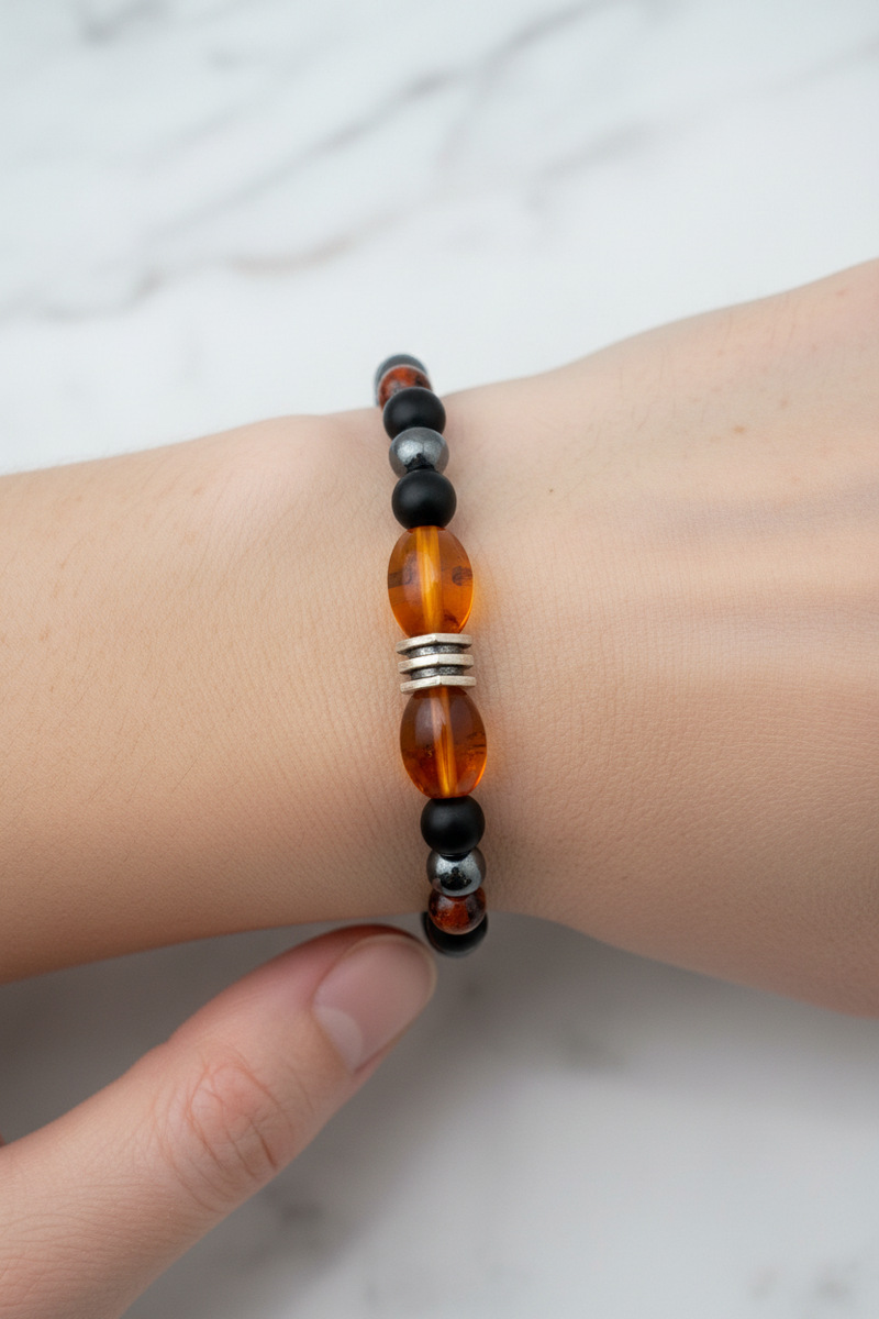Kehribar, Şungit (Shungite) ve Hematit Doğal Taş Bileklik – 6 mm Misinalı, Unisex Tasarım - Görsel 2 - Safnaturel