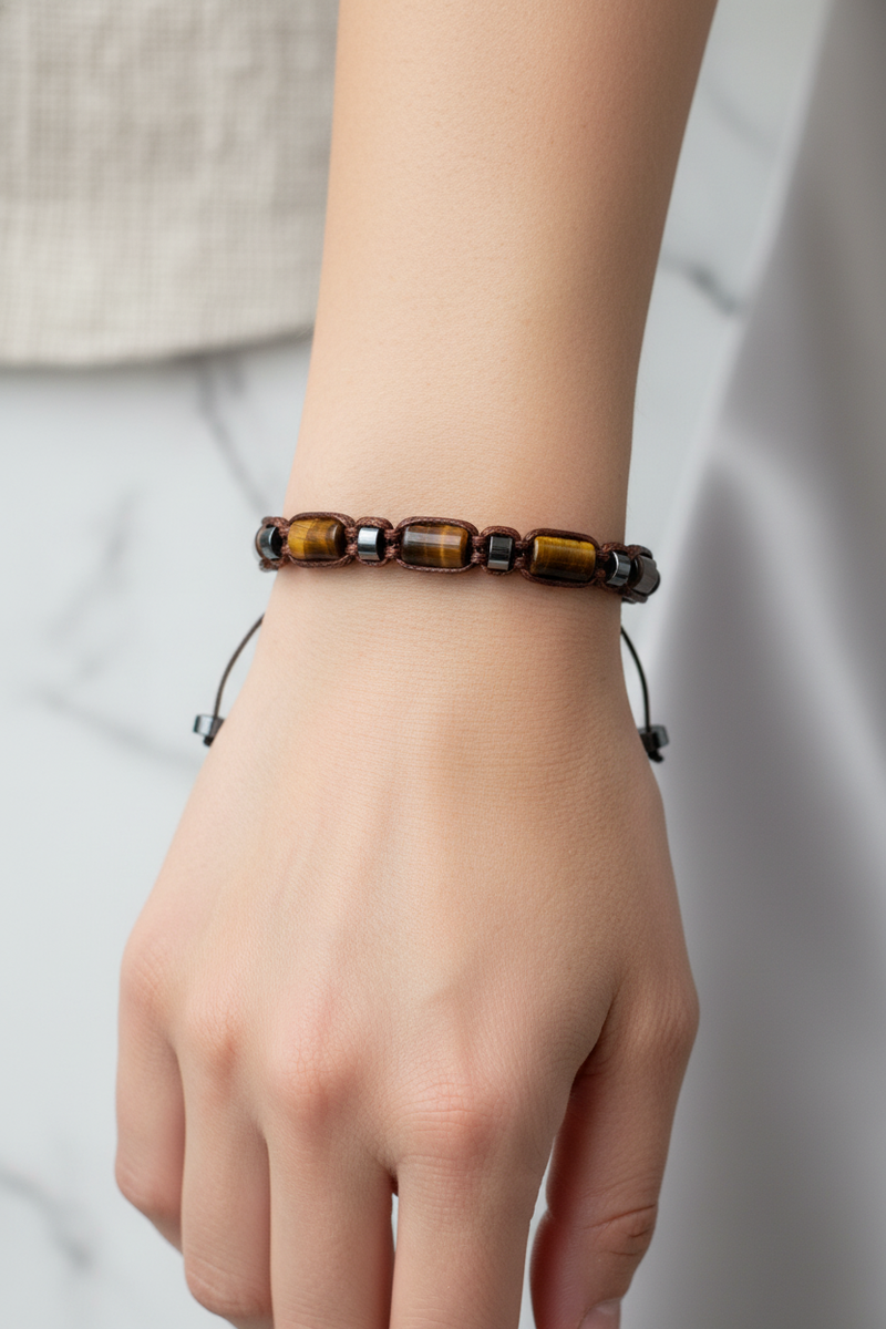Kaplan Gözü ve Hematit Doğal Taş Bileklik – İpli Köşeli Makrome Model, Unisex Tasarım - Görsel 1 - Safnaturel