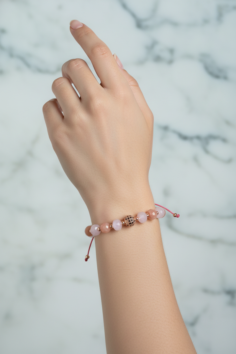 Güneş Taşı ve Pembe Kuvars Doğal Taş Bileklik – Unisex Şık Tasarım - Görsel 2 - Safnaturel