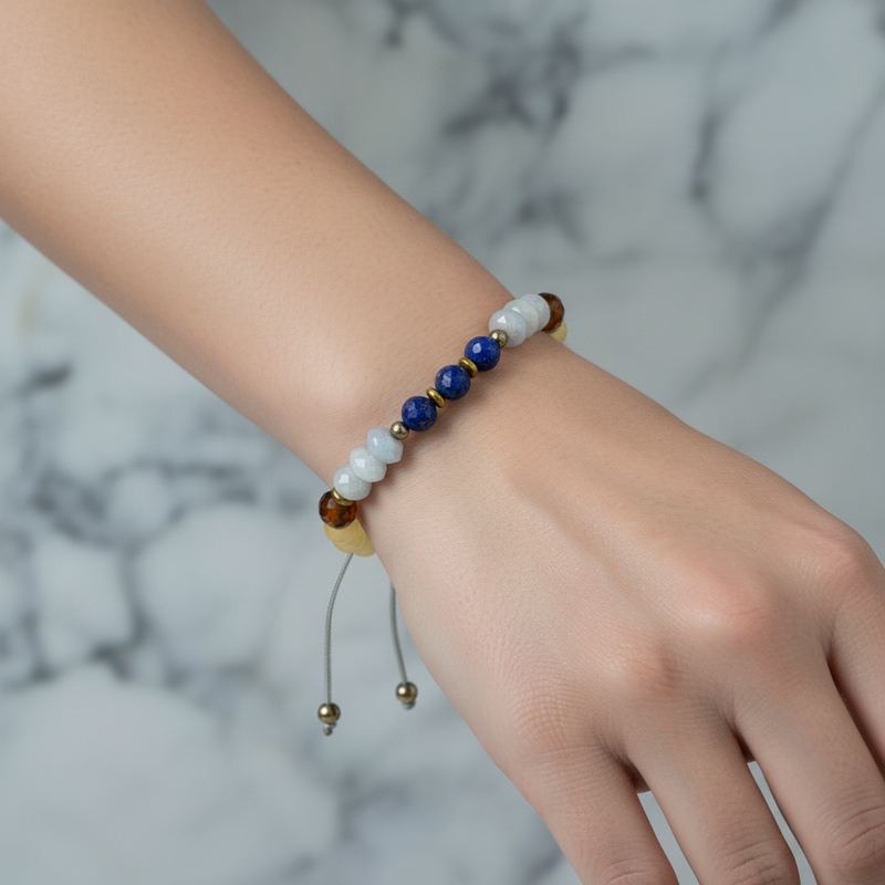 Kalsit, Bordo Granat Lal, Lapis Lazuli & Akuamarin Doğal Taş Bileklik – Özel Tasarım - Görsel 1 - Safnaturel