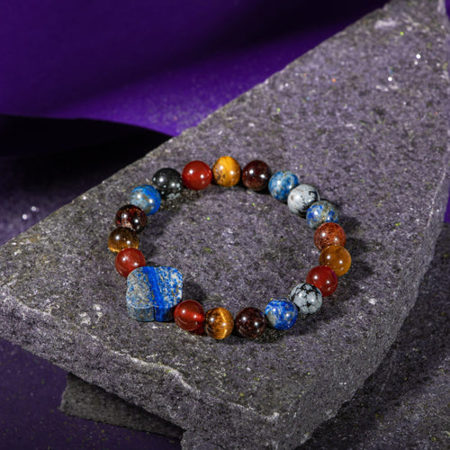 Oğlak Burcu Bileklik Bordo Granat Lal, Kaplan Gözü, Karlı Obsidyen, Kırmızı Akik, Lapis Lazuli