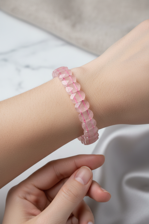Pembe Kuvars (Gül Kuvars) Doğal Taş Geniş Kesim Bileklik