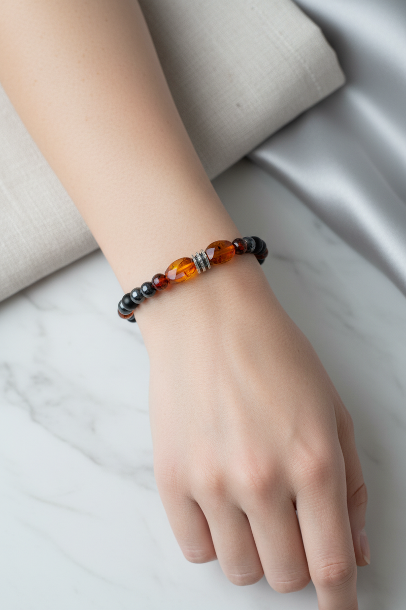 Kehribar, Şungit (Shungite) ve Hematit Doğal Taş Bileklik – 6 mm Misinalı, Unisex Tasarım - Görsel 1 - Safnaturel