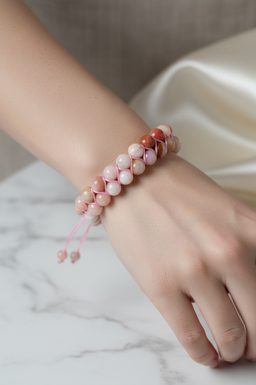 Opal Pembe 8mm Çift Sıra Makrome Doğal Taş Bileklik - Görsel 1 - Safnaturel