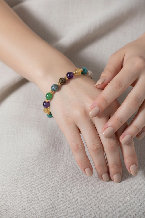 Ametist, Bronzit, İnci, Kehribar, Krizokol, Aventurin ve Labradorit Doğal Taş Bileklik – Unisex Şık Tasarım