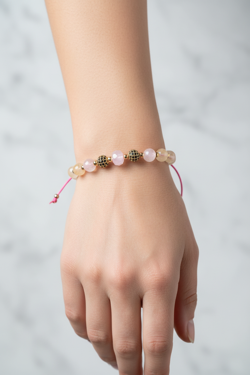 Sitrin ve Pembe Kuvars Doğal Taş Bileklik – Zirkon Aparatlı, Unisex Şık Tasarım - Görsel 2 - Safnaturel