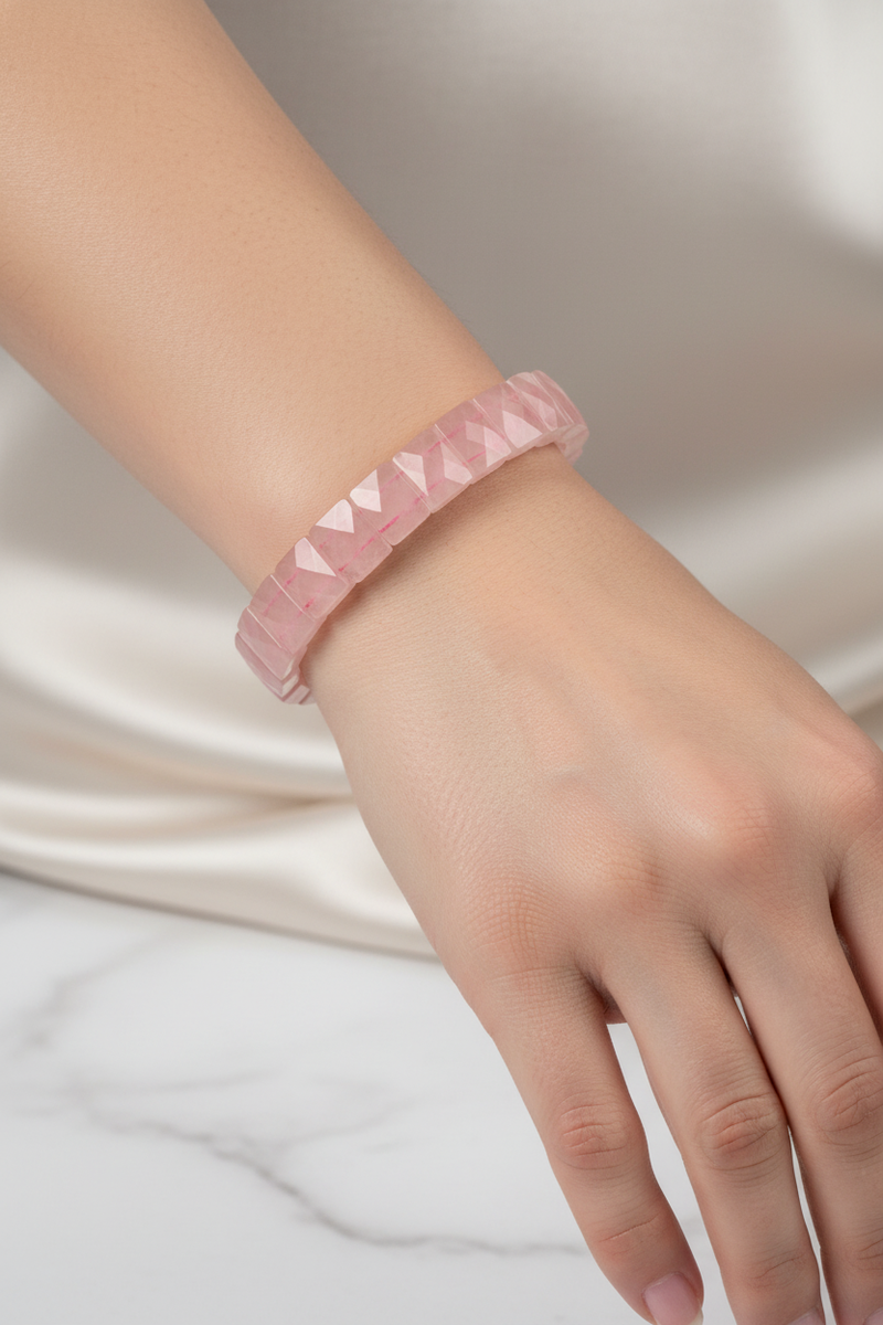 Pembe Kuvars (Gül Kuvars) Doğal Taş Kare Kesim Geniş Kesim Bileklik - Görsel 2 - Safnaturel