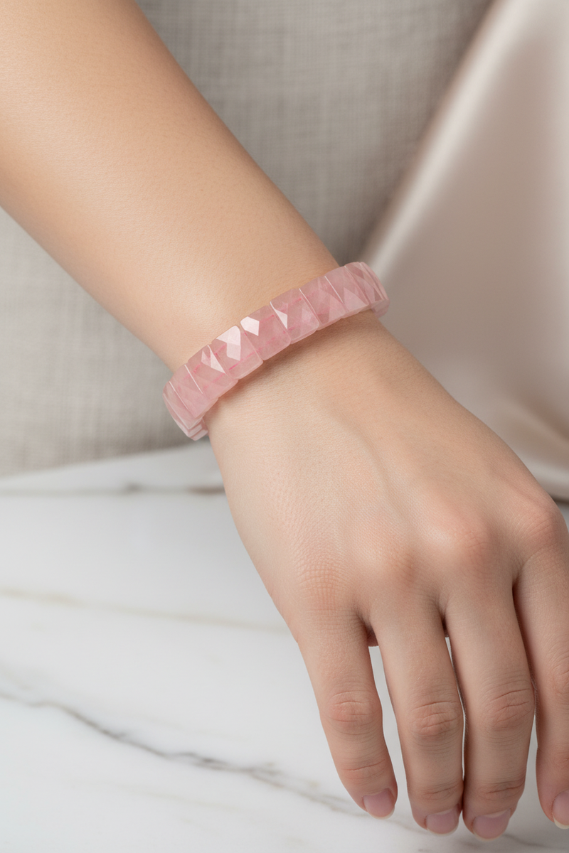 Pembe Kuvars (Gül Kuvars) Doğal Taş Kare Kesim Geniş Kesim Bileklik - Görsel 1 - Safnaturel