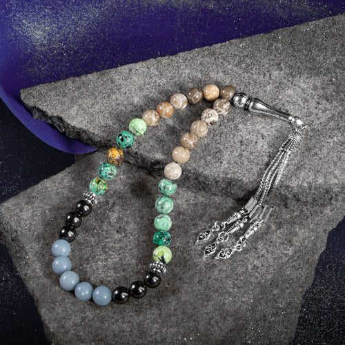 Kova Burcu Tesbih Anjelit, Fosil Mercan, Hematit, Krizokol