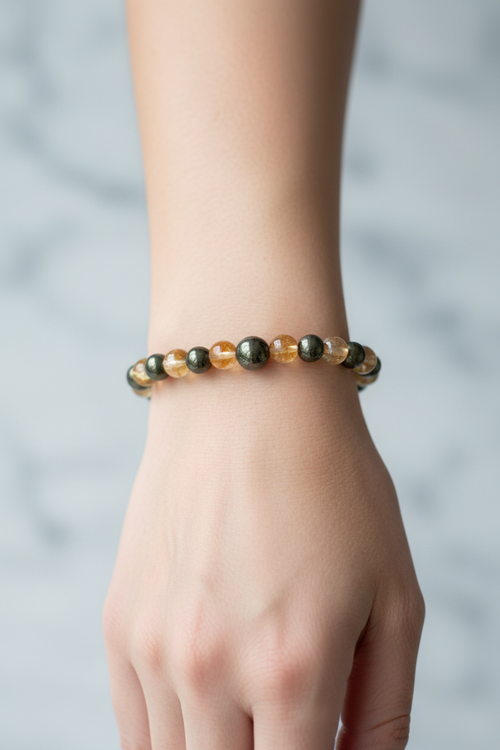 Sitrin ve Pirit Doğal Taş Bileklik – 6 mm Misinalı, Unisex Tasarım