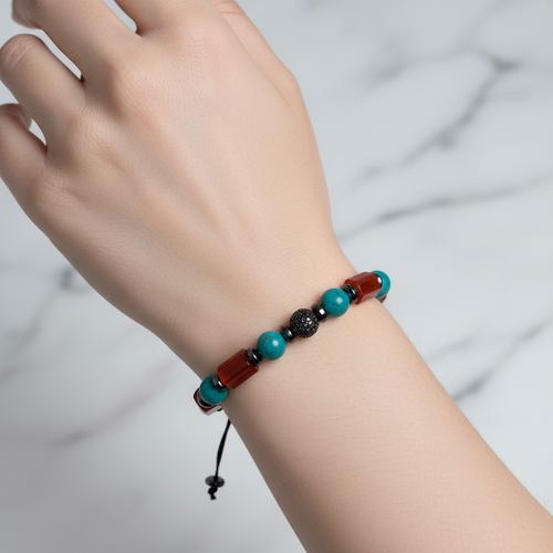 Turkuaz, Akik ve Hematit Doğal Taş Makrome Bileklik – Zirkon Aparatlı, Ayarlanabilir Tasarım