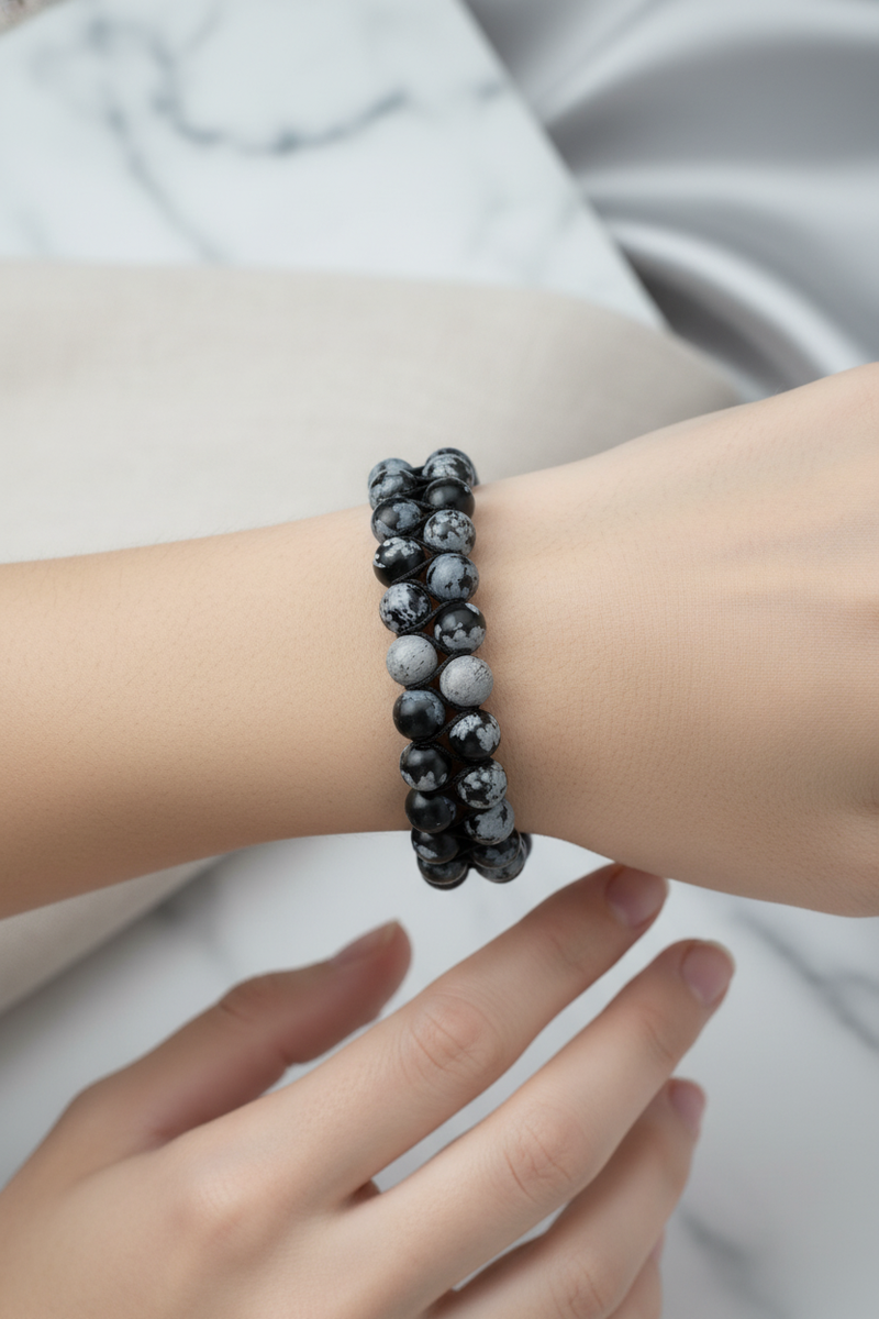 Karlı Obsidyen 8mm Çift Sıra Makrome Doğal Taş Bileklik - Görsel 1 - Safnaturel