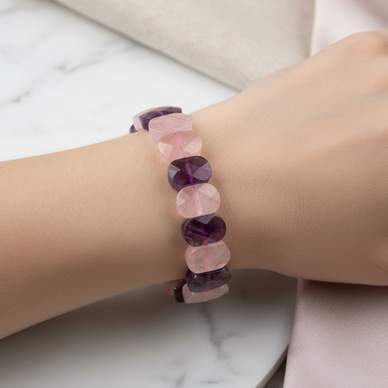 Ametist – Pembe Kuvars Doğal Taş Geniş Kesim Bileklik – El İşçiliği - Görsel 1 - Safnaturel