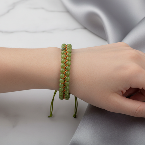 Yeşim 4 mm Çift Sıra Doğal Taş Makrome Bileklik – Unisex El İşçiliği - Görsel 2 - Safnaturel